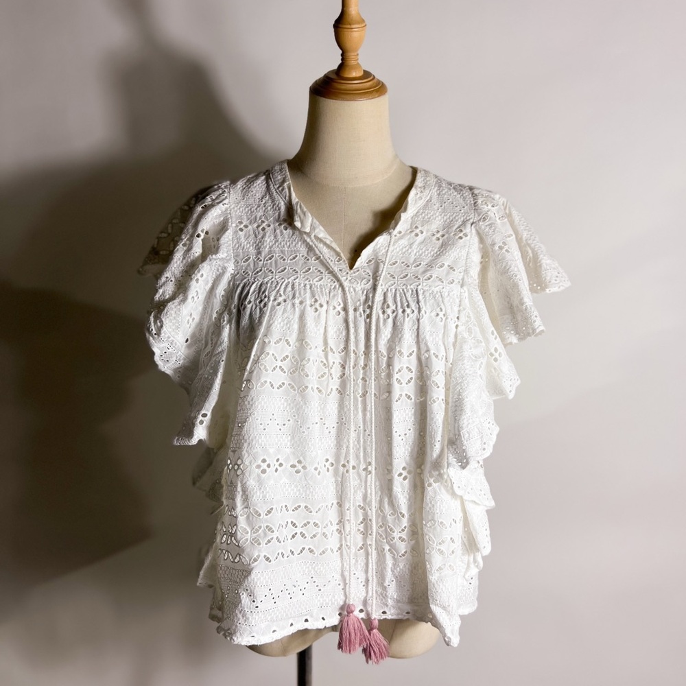 NWT REBECCA MINKOFF Caro Eyelet Flutter Sleeve Layered Flouncy Cotton White Top